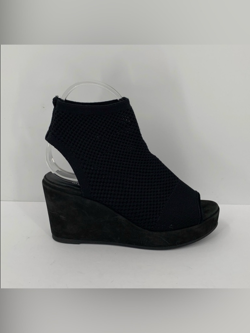 Eileen Fisher Warrick knit stretch peeptoe wedge platform bootie black shoe 6